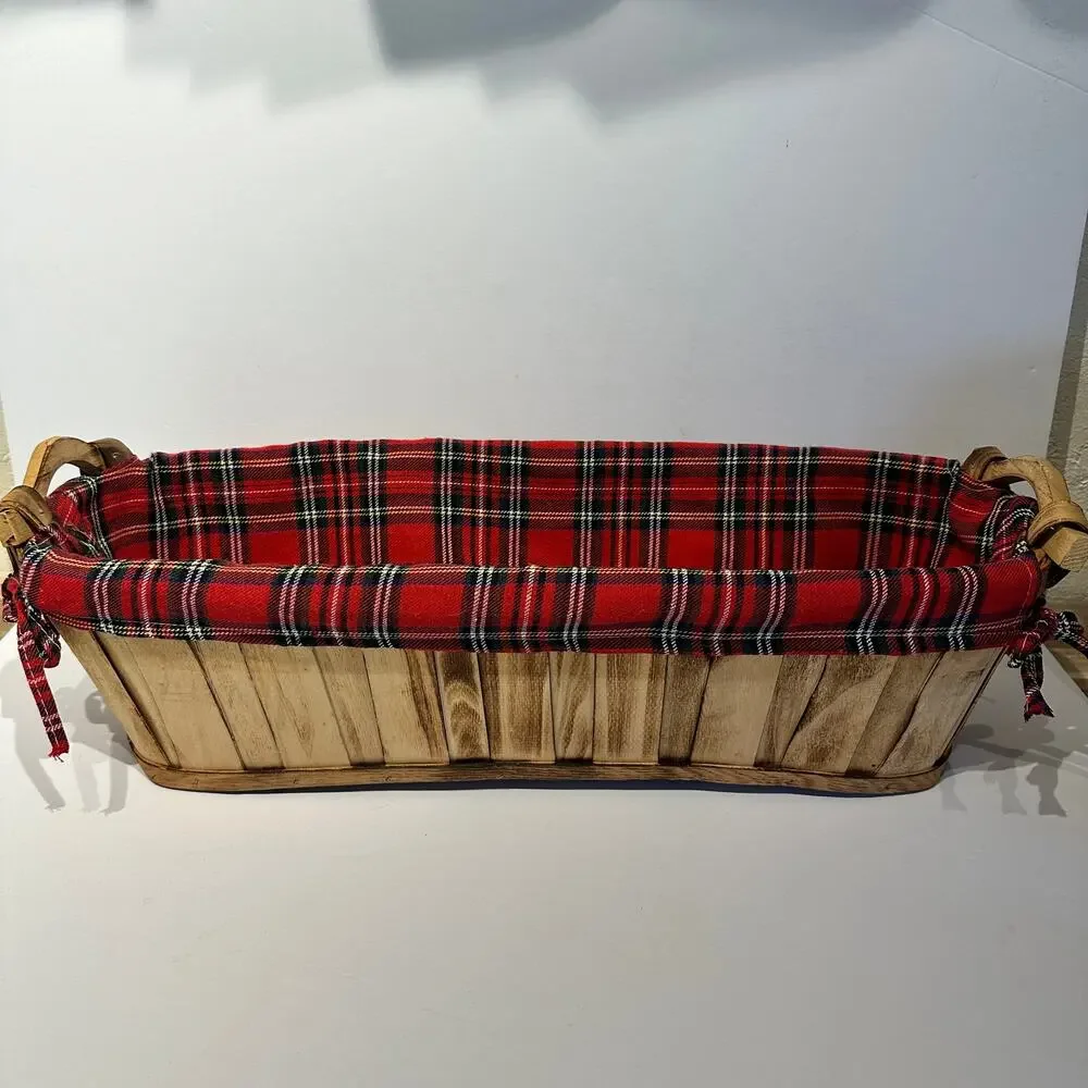 Large Oblong Red Plaid Fabric Lined Basket Gift Basket 22x8.5x7.5 Wooden Handles